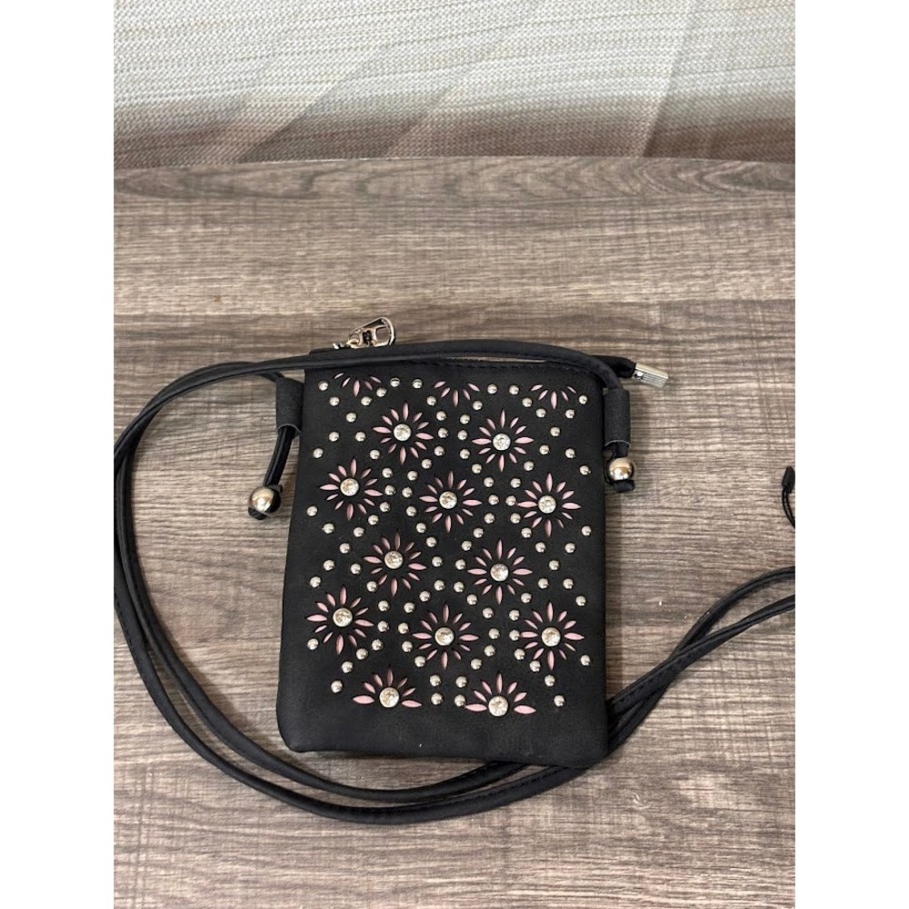 American Bling Black Studded Rhinestone Floral Laser Cut Crossbody Phone Bag